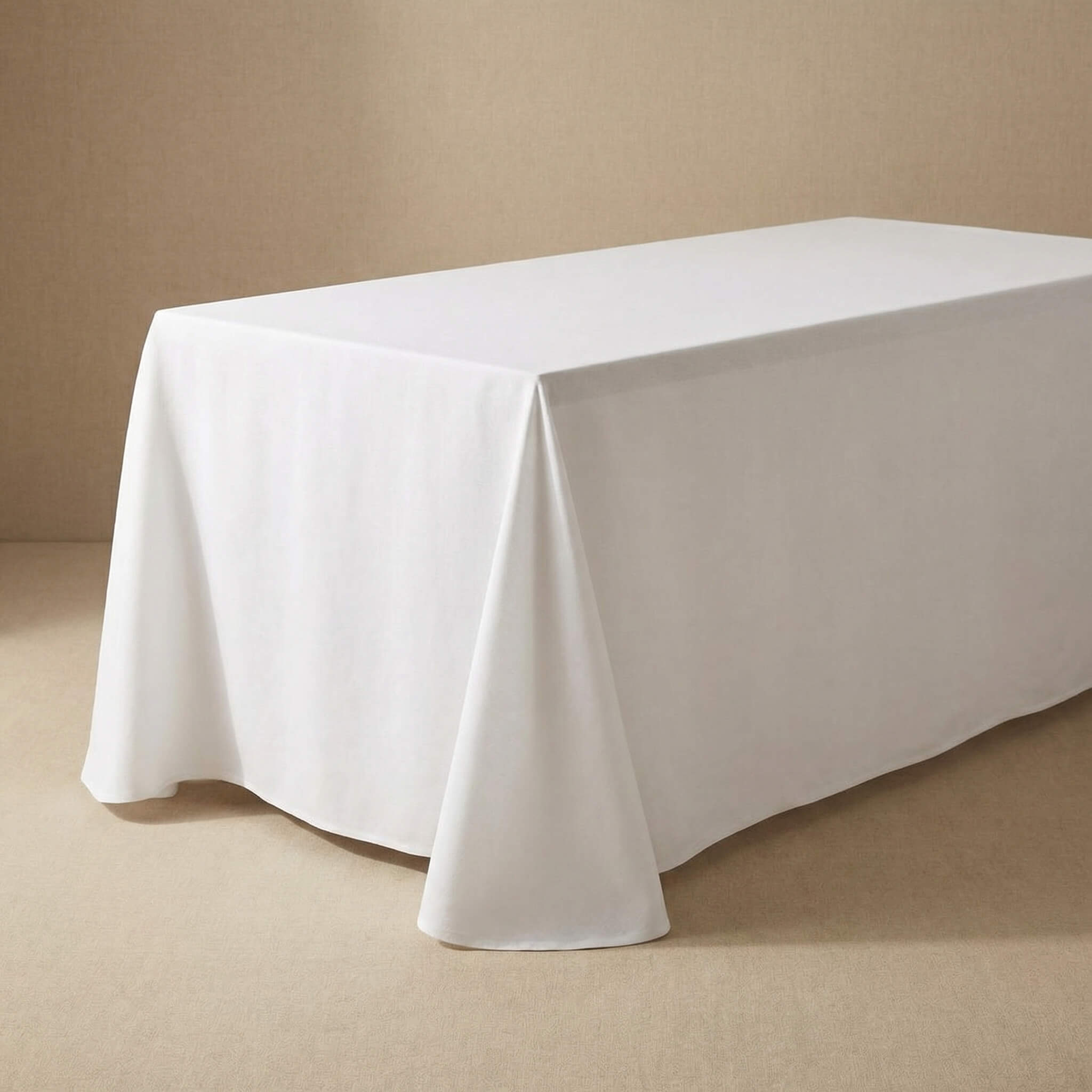 White table linen hire for 6ft trestle tables — floor-length tablecloth for events in London