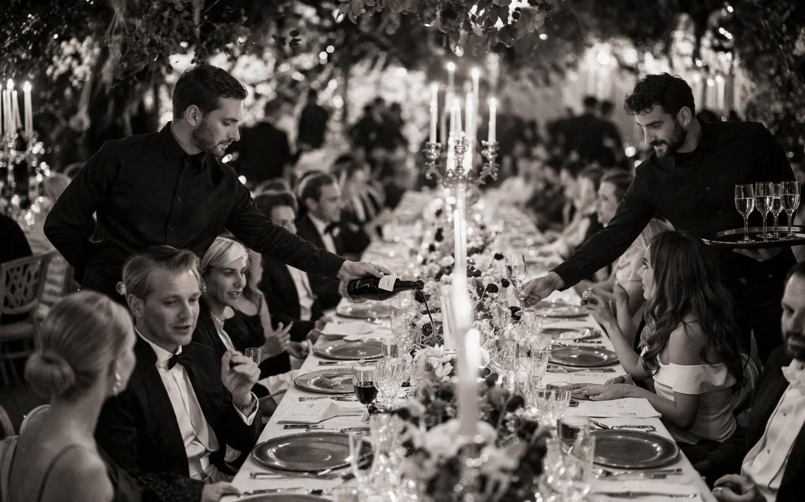 Event staff hire London — waiting staff at a formal dining table