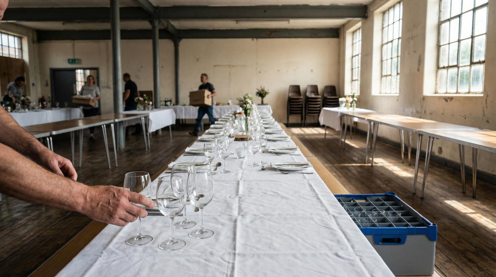 Event staff setting up tables and glassware at a London venue