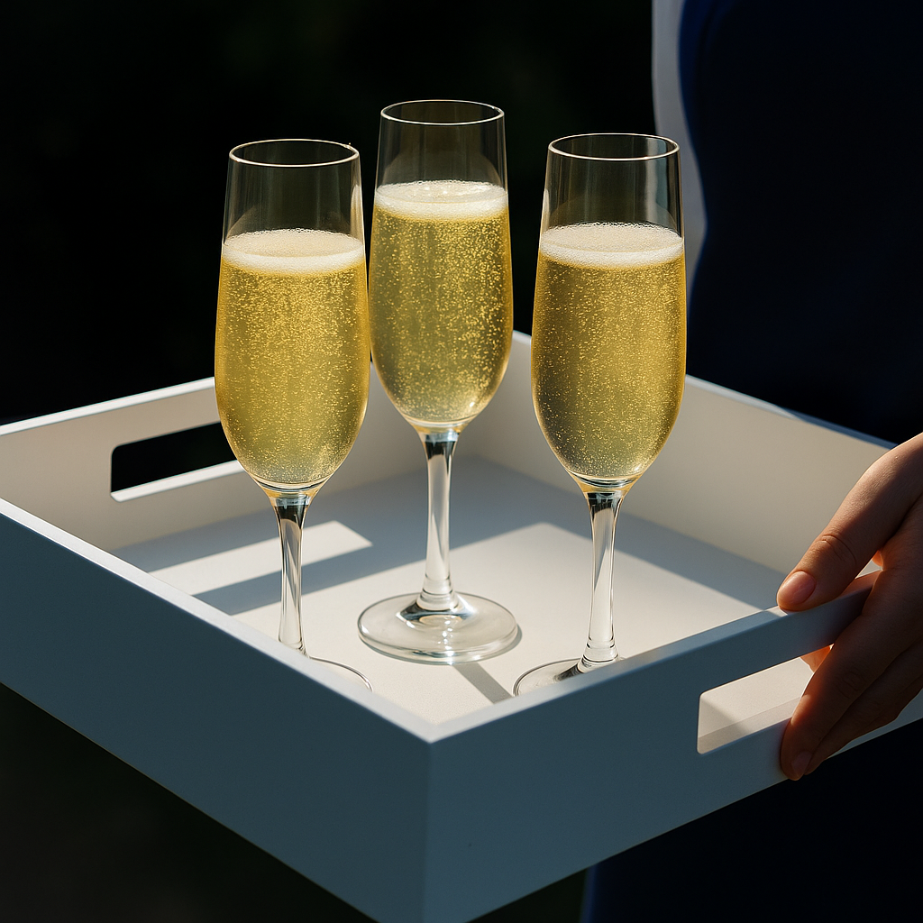 Champagne flutes on a tray ready for service