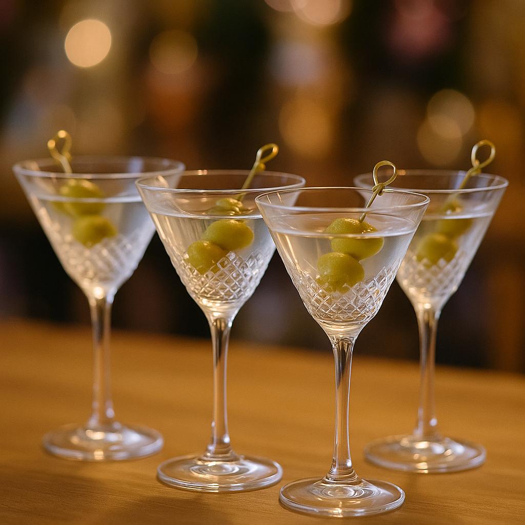 Cocktail glasses prepared for a London event